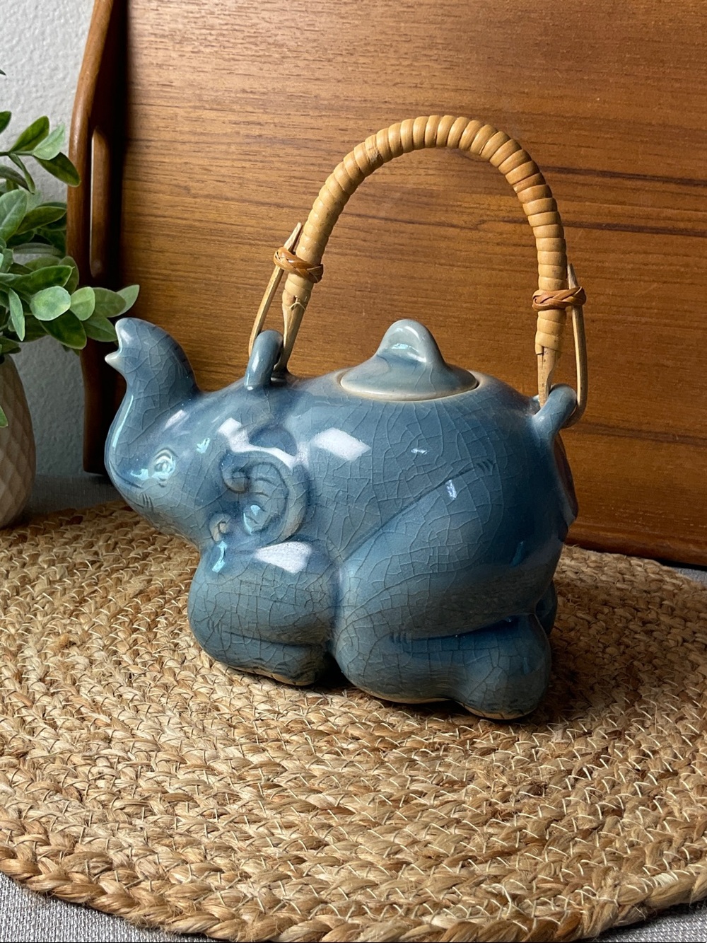 Baan Celadon Elephant Teapot Blue Crackle Glaze Bamboo Handle Thailand Ceramic